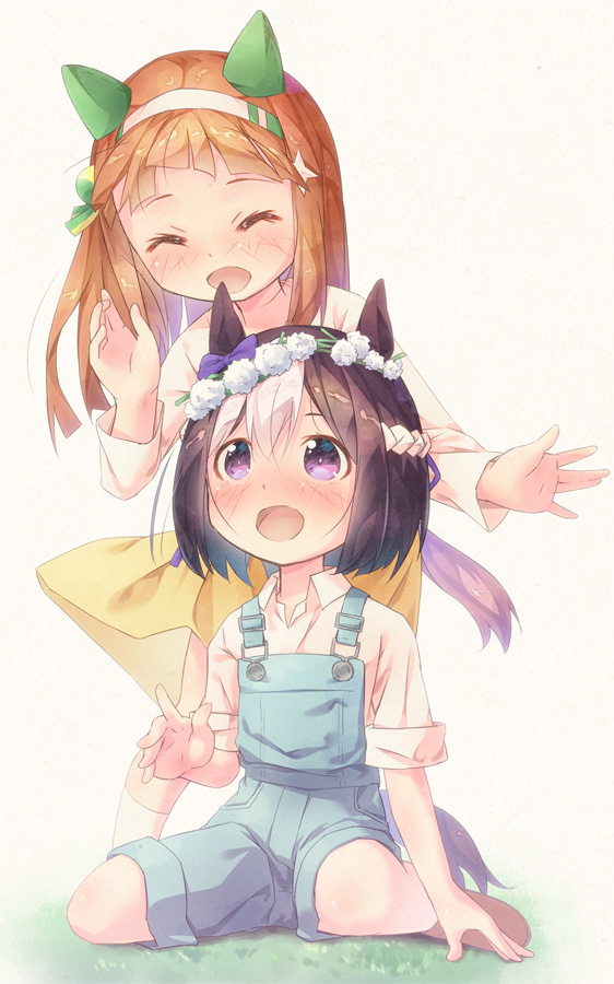2girls, :d, ^_^, animal_ears, bangs, blush, bow, braid