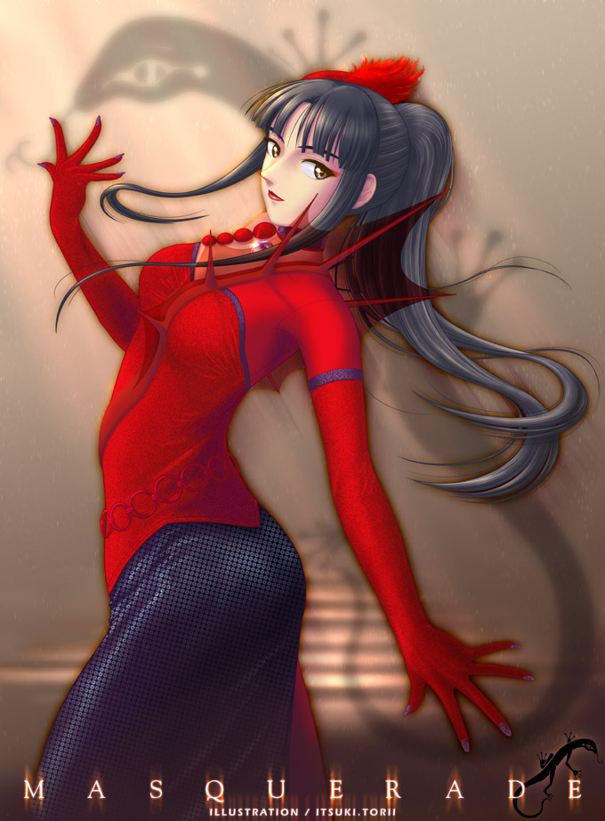 dress, elbow_gloves, gloves, grey_eyes, itsuki_torii, long_hair, ponytail, sakura_taisen