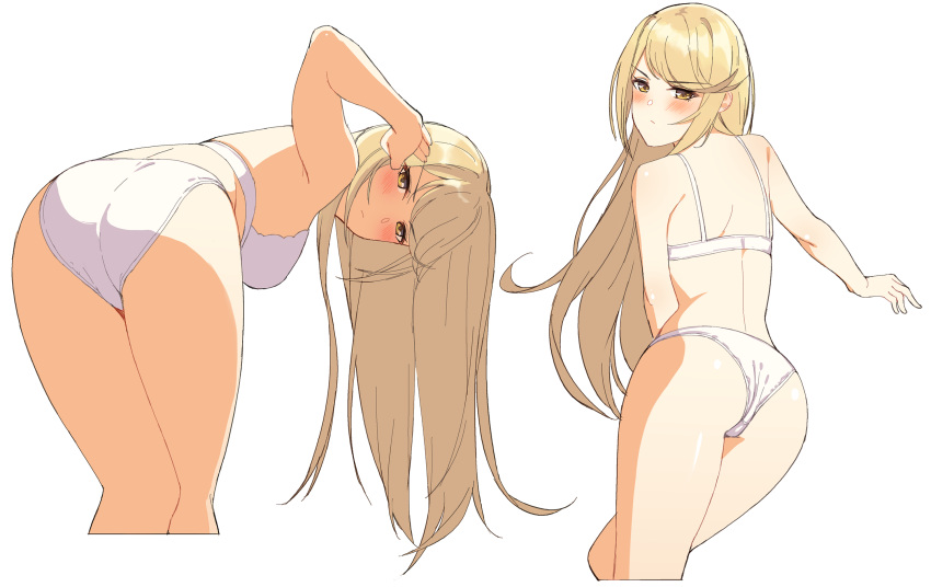 1girl, ass, bangs, bent_over, blonde_hair, blush, bra, breasts