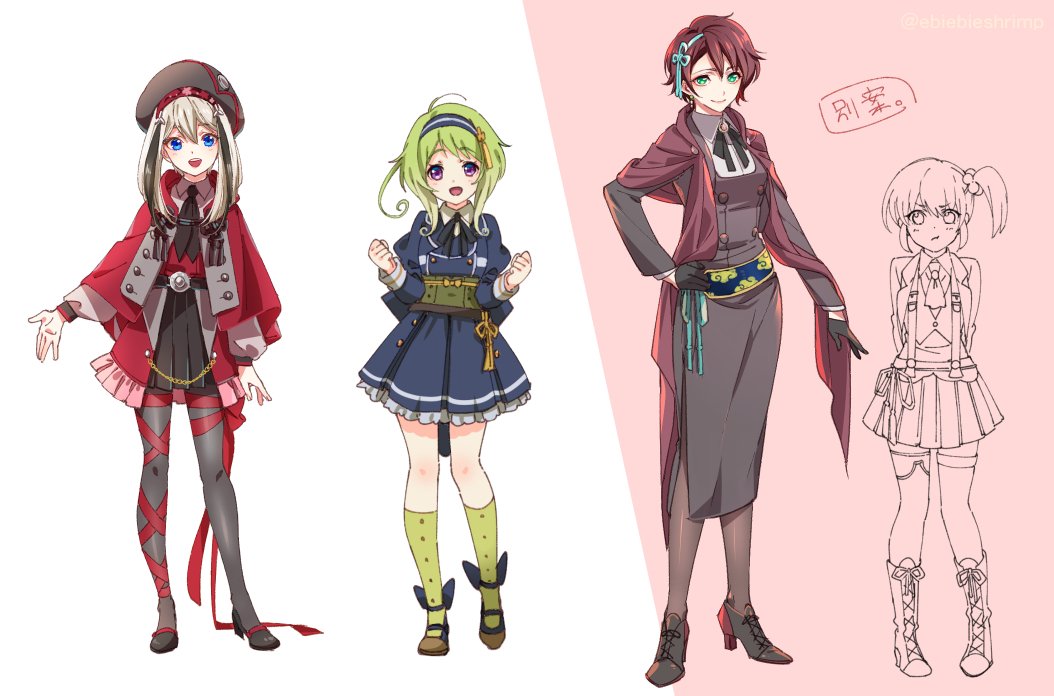 >:t, 4girls, arms_behind_back, azuki_nagamitsu_(touken_ranbu), black_gloves, blue_eyes, boots, clenched_hands, closed_mouth, cross-laced_footwear, dress, full_body, genderswap, genderswap_(mtf), gloves, green_eyes, green_hair, green_legwear, grey_legwear, hairband, hand_on_hip, high_heels, hyuuga_masamune, kenshin_kagemitsu, kneehighs, lace-up_boots, long_hair, mouri_toushirou, multicolored_hair, multiple_girls, open_mouth, pantyhose, pink_background, pleated_skirt, prototype, red_ribbon, ribbon, shuri_(84k), simple_background, skirt, smile, streaked_hair, touken_ranbu, two-tone_background, violet_eyes, white_background, white_hair
