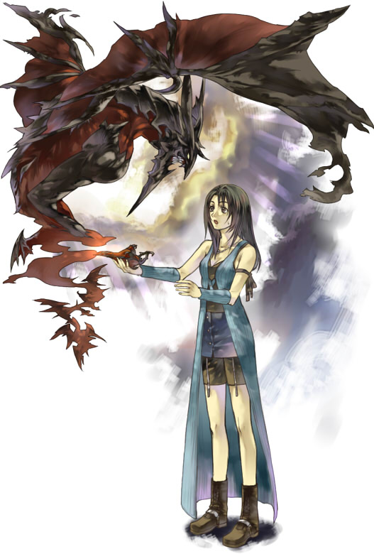 1boy, 1girl, arm_ribbon, arm_warmers, black_hair, breasts, diabolos, final_fantasy, final_fantasy_viii, full_body, jewelry, long_hair, necklace, oil_lamp, open_mouth, ribbon, rinoa_heartilly, skirt, sleeveless, sleeveless_duster, standing