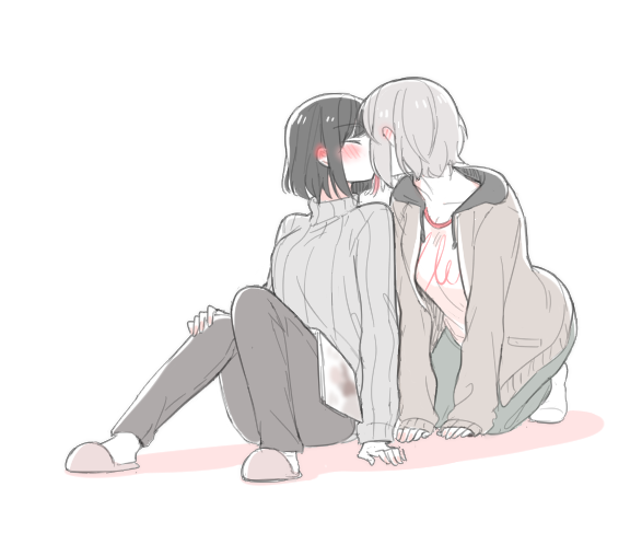 2girls, aoba_moka, bang_dream!, black_hair, black_pants, blush, bowwow_(hamju94), closed_eyes