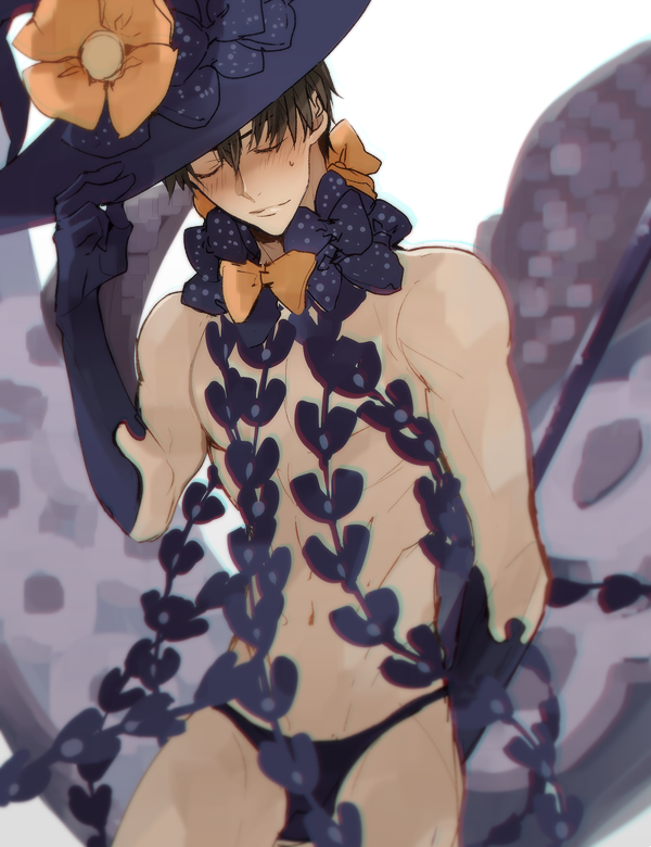 1boy, abigail_williams_(fate/grand_order), abigail_williams_(fate/grand_order)_(cosplay), arash_(fate), black_bow, black_gloves, black_hair, black_hat