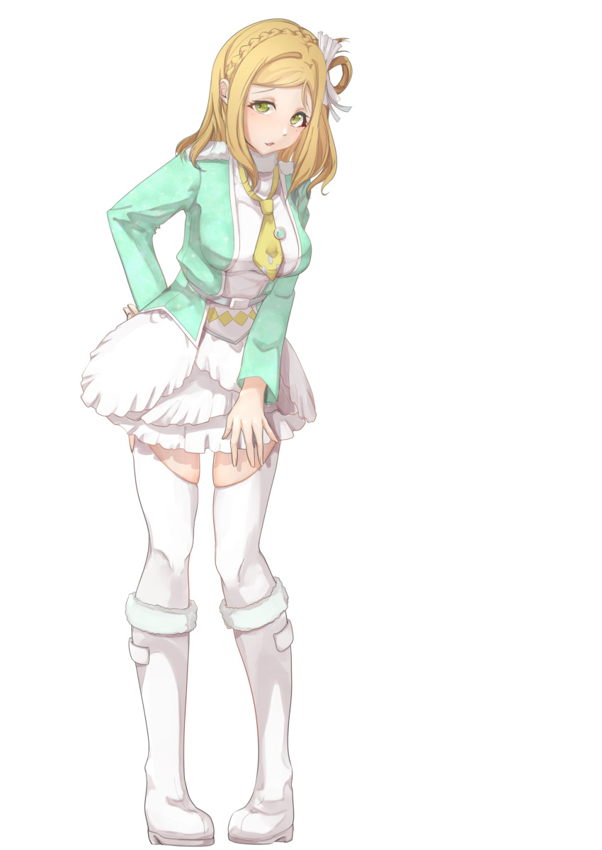 1girl, absurdres, aqua_jacket, awaken_the_power, blonde_hair, boots, bow, braid