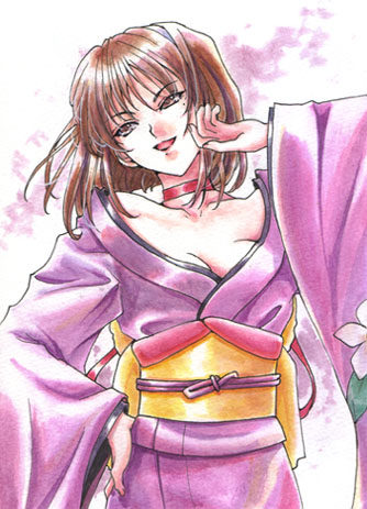 brown_eyes, brown_hair, cleavage, japanese_clothes, kanzaki_sumire, kimono, laugh, laughing