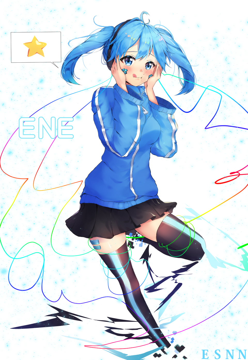 1girl, :q, :t, black_skirt, blue_eyes, blue_hair, blue_jacket, blush, breasts, character_name, digital_dissolve, ene_(kagerou_project), esanano, facial_mark, full_body, hands_on_own_cheeks, hands_on_own_face, headphones, highres, jacket, kagerou_project, long_sleeves, medium_breasts, medium_hair, miniskirt, one_leg_raised, signature, skirt, smile, solo, spoken_star, thigh-highs, tongue, tongue_out, track_jacket, twintails, zipper