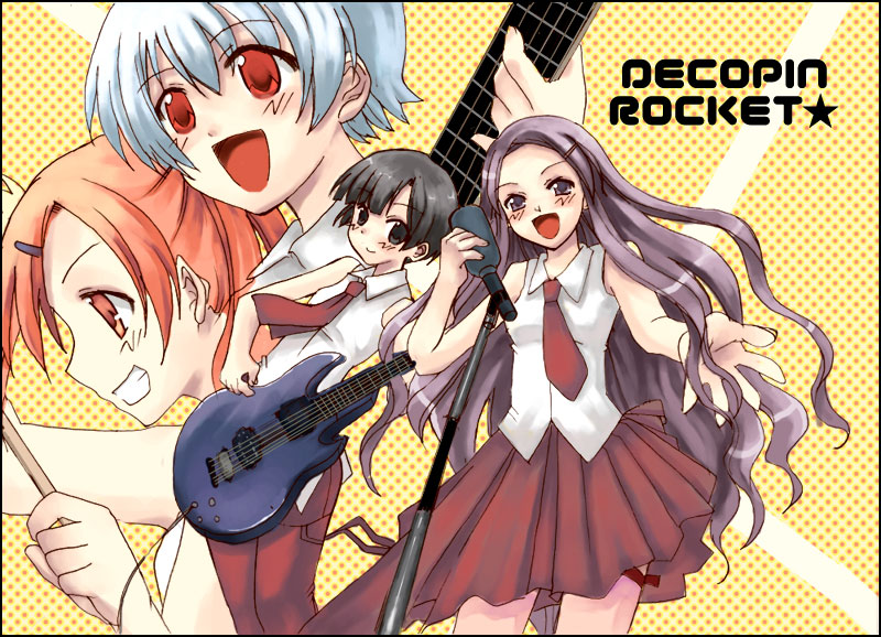 dekopin_rocket, drumsticks, guitar, instrument, izumi_ako, kakizaki_misa, kugimiya_madoka, long_hair, mahou_sensei_negima, mahou_sensei_negima!, microphone, necktie, orange_hair, pants, purple_hair, red_eyes, shiina_sakurako, short_hair, silver_hair, skirt, sleeveless_shirt
