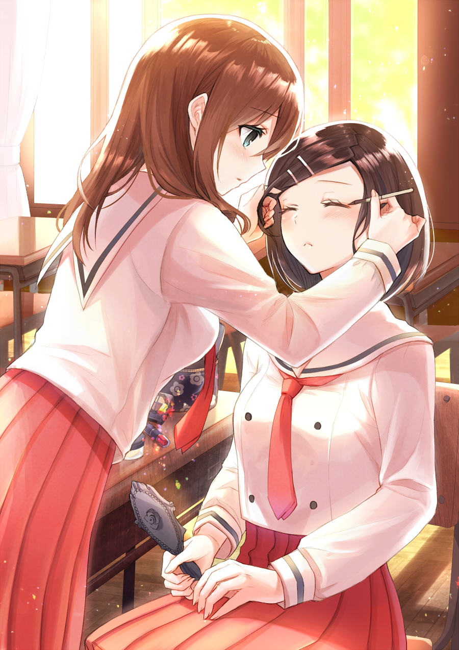 2girls, black_hair, blue_eyes, blush, brown_hair, classroom, closed_eyes, eyelashes, hair_ornament, hairclip, hand_mirror, highres, kashiwaba_en, long_hair, long_sleeves, makeup, mirror, multiple_girls, original, pleated_skirt, sailor_collar, school_uniform, serafuku, short_hair, skirt