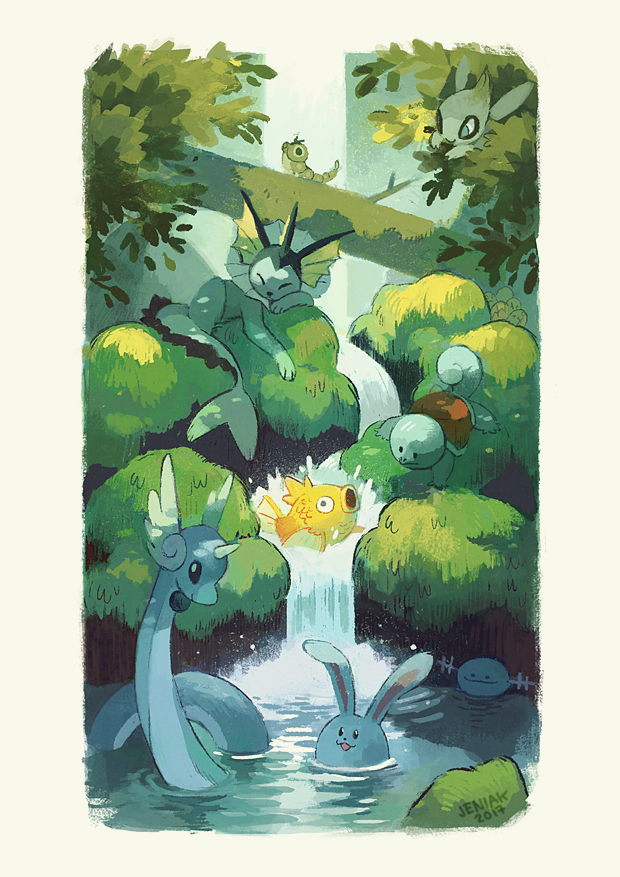 2017, alternate_color, artist_name, azumarill, caterpie, celebi, commentary, dratini