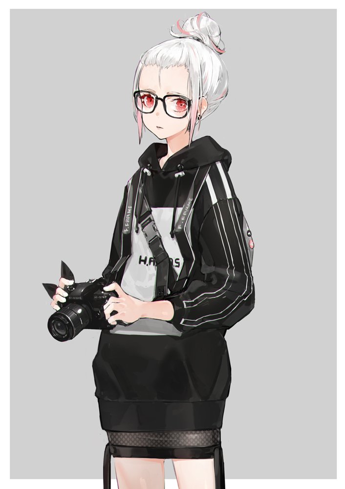 1girl, albino, black-framed_eyewear, border, camera, cowboy_shot, earrings, fishnet_fabric