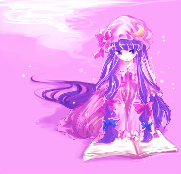 book, hair_ribbon, hat, hat_ribbon, long_hair, mako, makochan, patchouli_knowledge