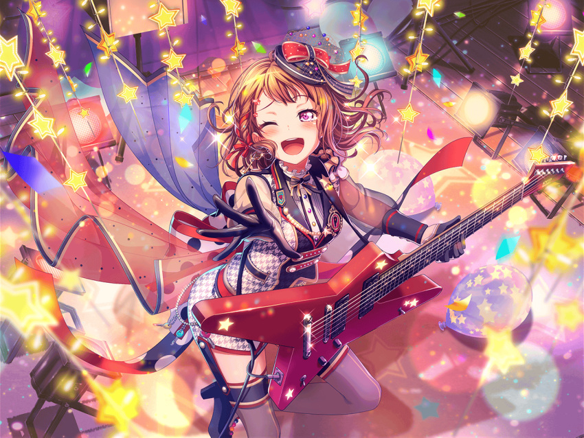 1girl, balloon, bang_dream!, blush, brown_hair, confetti, dress, guitar