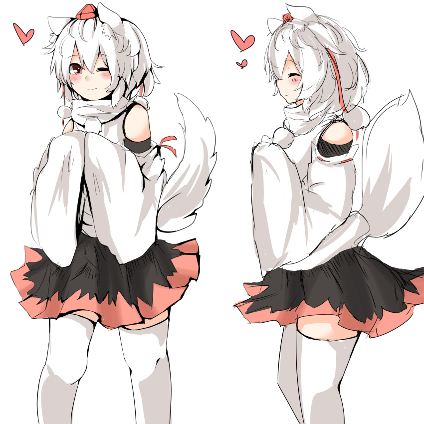 1girl, animal_ears, blush, hair_between_eyes, hands_in_sleeves, heart, highres, houkai_(collapse_illust), inubashiri_momiji, looking_at_viewer, one_eye_closed, profile, red_eyes, short_hair, sketch, smile, solo, tail, thigh-highs, touhou, white_background, white_hair, wide_sleeves, wolf_ears, wolf_tail