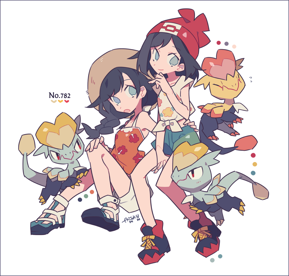 2girls, alternate_color, auko, bare_arms, bare_shoulders, beanie, between_legs, black_hair