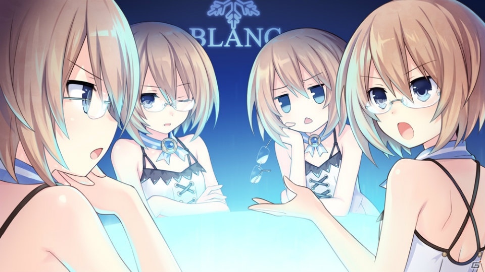 1girl, bare_shoulders, blanc, blue_eyes, blush, brave_neptune, brown_hair, glasses