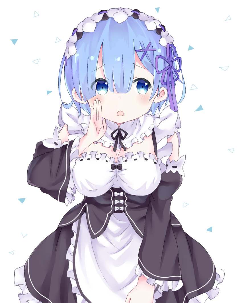 1girl, :o, bangs, black_ribbon, blue_eyes, blue_hair, blush, breasts