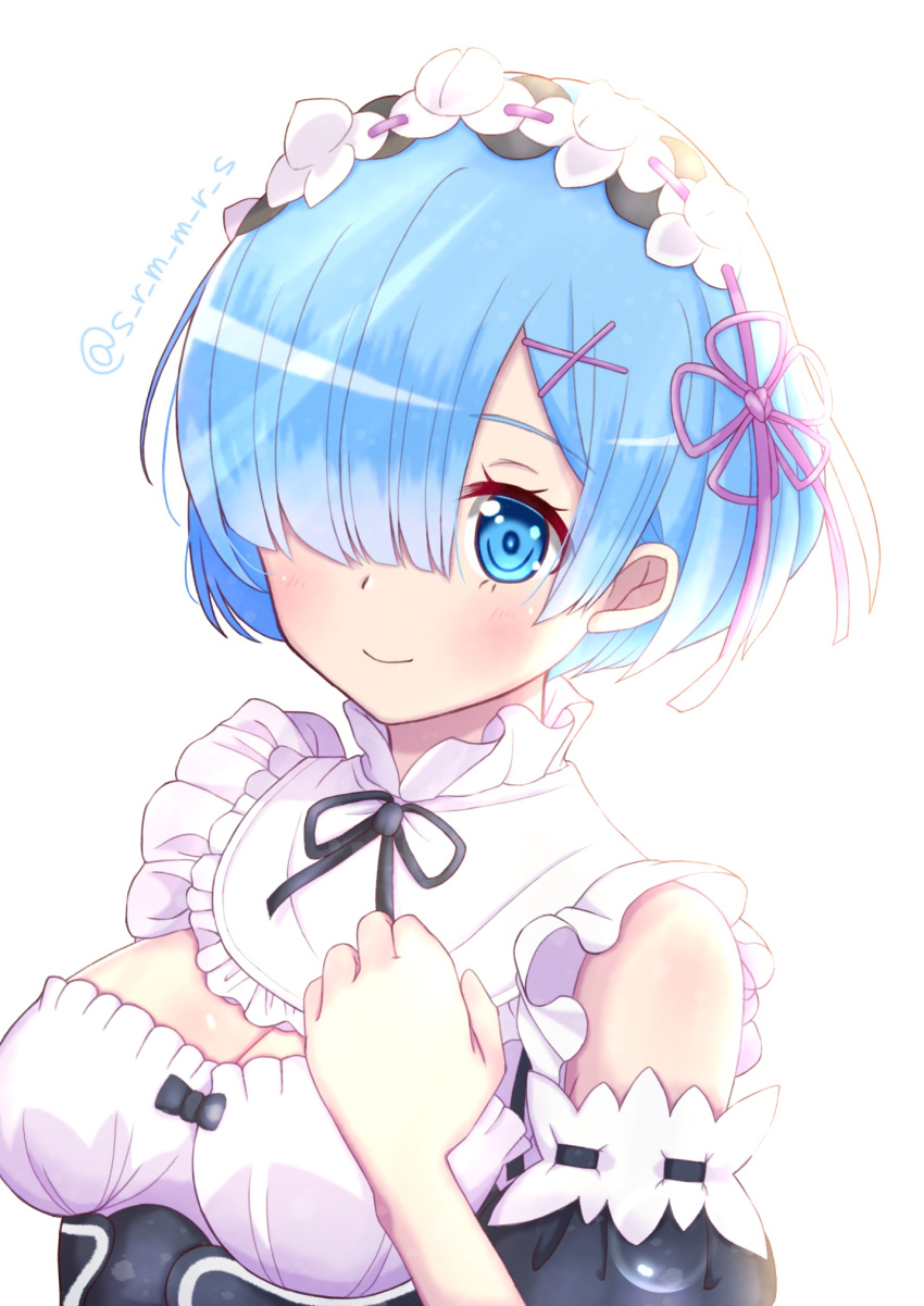 1girl, bangs, black_ribbon, blue_eyes, blue_hair, blush, breasts, closed_mouth