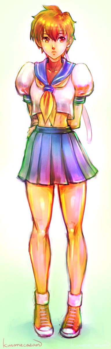 1girl, arms_behind_back, bangs, blue_skirt, breasts, brown_eyes, brown_hair, closed_mouth