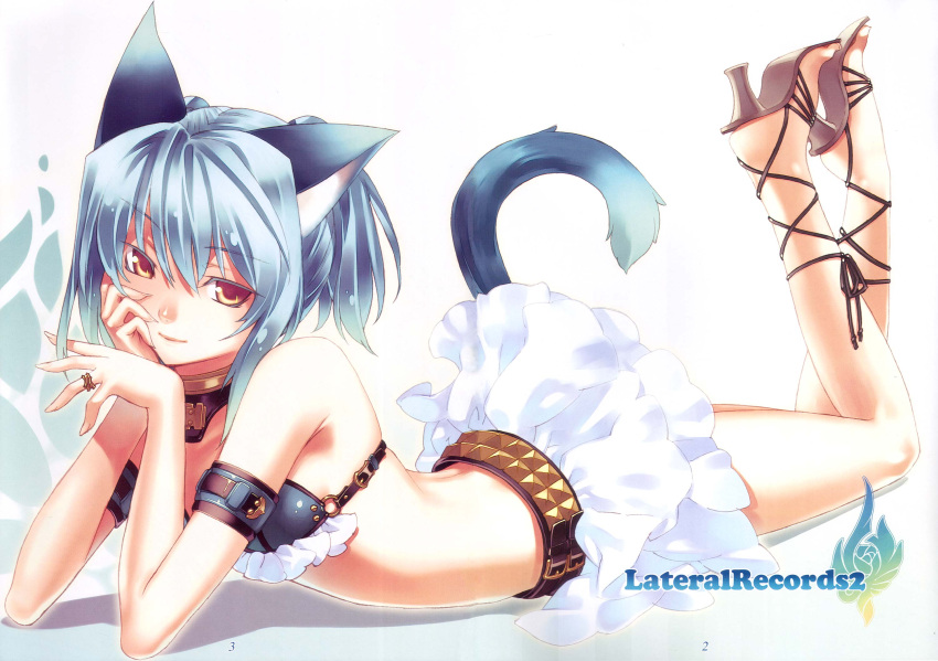 ankle_lace-up, arm_support, armor, belt, bikini, bikini_armor, bikini_skirt, bikini_top, blue_hair, cat_ears, cat_tail, choker, colored_eyelashes, cross-laced_footwear, eyelashes, flat_chest, frilled_skirt, frills, high_heels, highres, hirano_katsuyuki, jewelry, lace-up_heels, laces, laceup_heels, lying, o-ring_top, o_o, on_stomach, orange_eyes, ring, shoes, skirt, solo, studded_belt, swimsuit, tail, tairano_katsuyuki