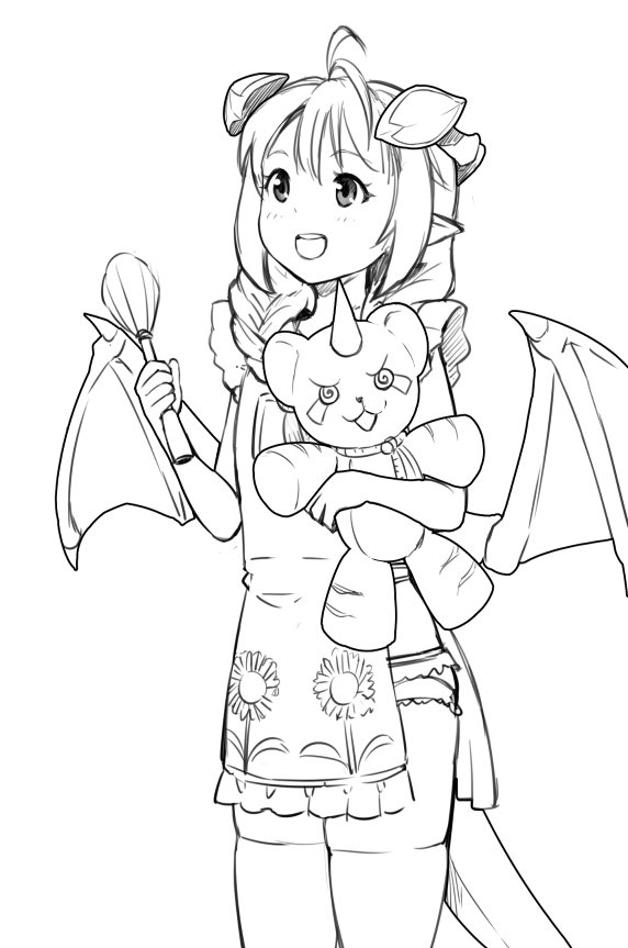 1girl, :d, apron, braid, commentary, demon_girl, demon_horns, english_commentary