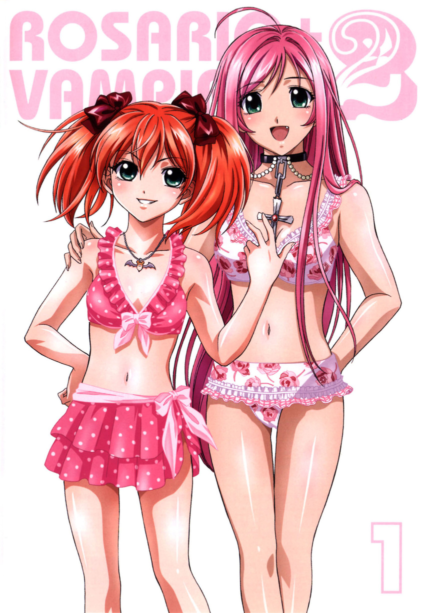 2girls, :d, ahoge, akashiya_moka, bikini, bow, breasts, chains
