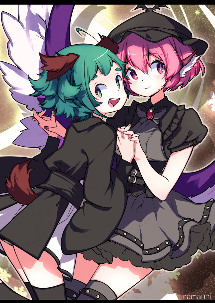 +_+, 2girls, :d, ahoge, animal_ears, aqua_nails, artist_name, belt
