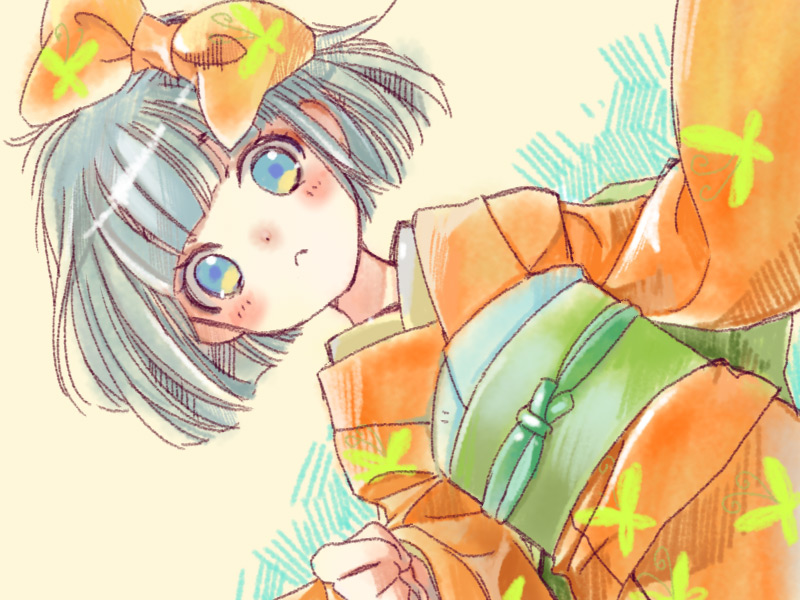 1girl, animal_print, awai, blue_eyes, blush, bow, butterfly_print, dutch_angle