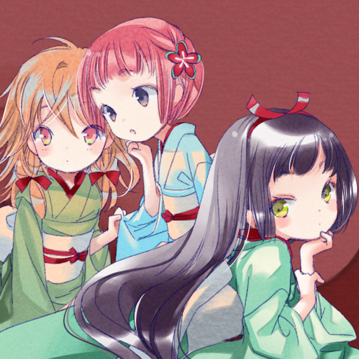 3girls, aqua_kimono, awai, black_hair, blue_kimono, green_kimono, grey_eyes, hair_ribbon