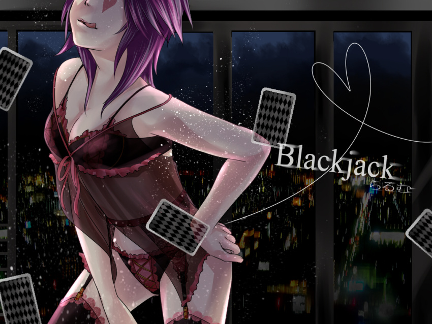 1girl, artist_request, blackjack_(vocaloid), breasts, card, city_lights, cleavage, garter_belt