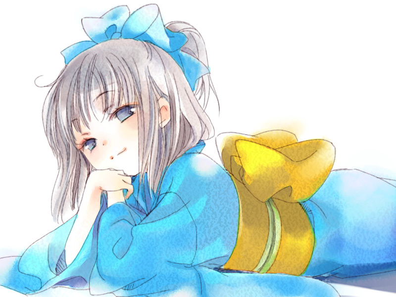 1girl, awai, blue_bow, blue_eyes, blue_kimono, bow, grey_hair, hair_bow