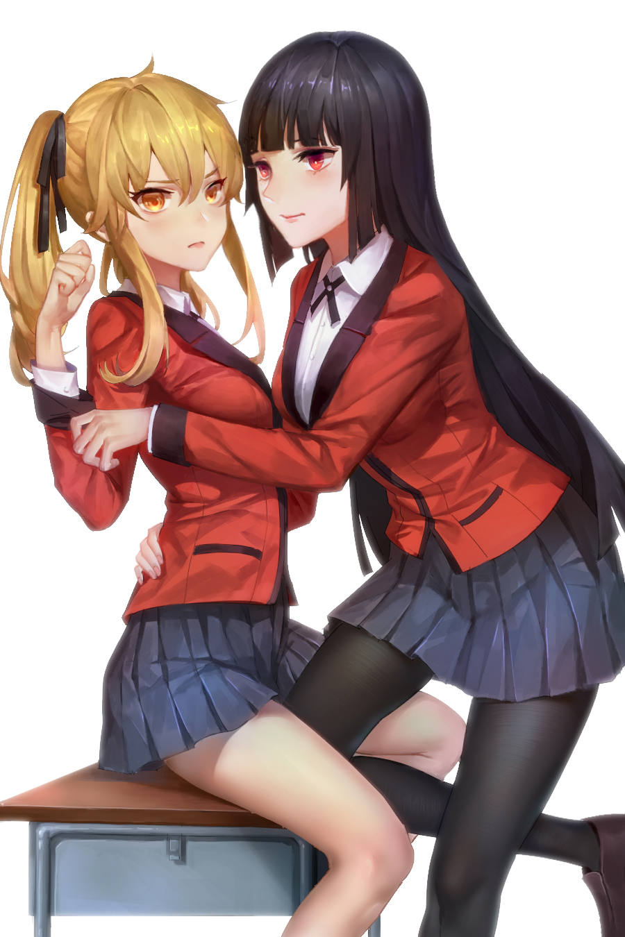 2girls, black_hair, blonde_hair, breasts, commentary, commentary_request, desk, highres