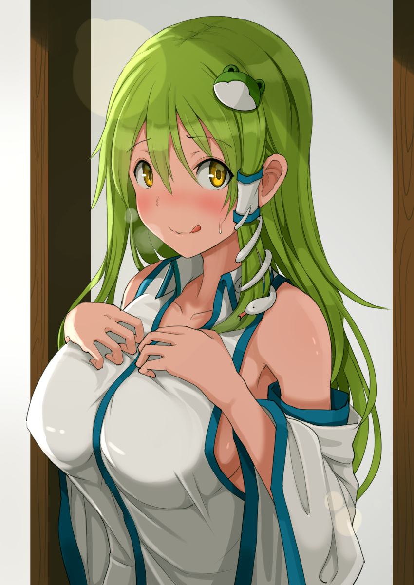 1girl, :q, bare_shoulders, blush, breasts, breath, collarbone, commentary_request