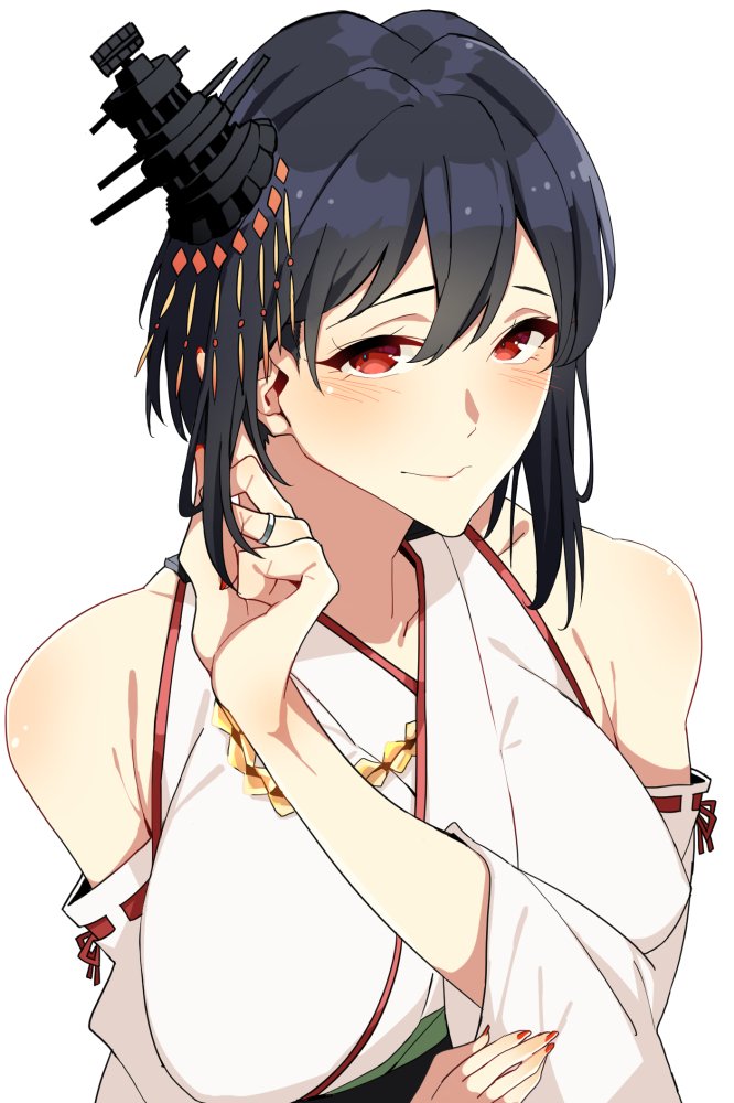 1girl, asakawa_(outeq), bare_shoulders, black_hair, blush, breasts, closed_mouth, collarbone, commentary, fingernails, hair_between_eyes, hair_ornament, japanese_clothes, jewelry, kantai_collection, long_sleeves, looking_at_viewer, medium_hair, nontraditional_miko, red_eyes, red_ribbon, ribbon, ribbon-trimmed_sleeves, ribbon_trim, ring, simple_background, smile, solo, upper_body, wedding_band, white_background, wide_sleeves, yamashiro_(kantai_collection)