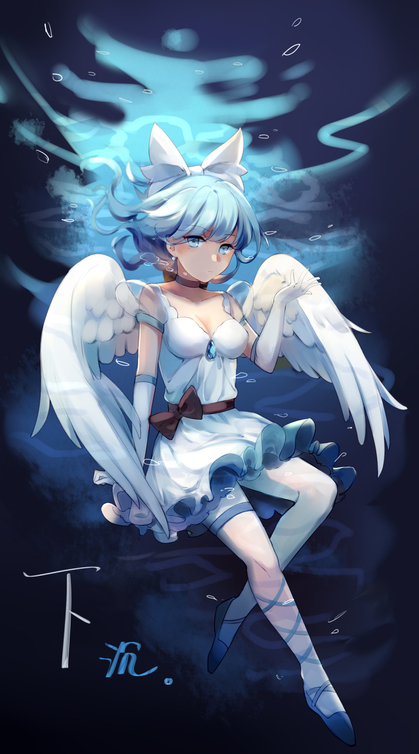 1girl, angel_wings, bangs, blue_hair, bow, breasts, cleavage, commentary