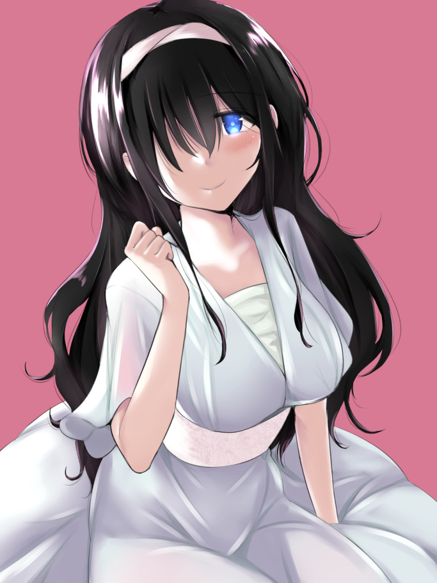 black_hair, blue_eyes, comic_girls, fuura_suzu, graphite_(medium), hair_over_one_eye, hairband, highres