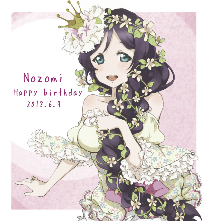 1girl, alternate_hairstyle, bangs, birthday, braid, breasts, character_name, crown, dated, english, flower, green_eyes, hair_flower, hair_ornament, happy_birthday, highres, large_breasts, long_hair, looking_at_viewer, love_live!, love_live!_school_idol_festival, love_live!_school_idol_project, plant, purple_hair, rii_(hakumaiiiiii), solo, toujou_nozomi, very_long_hair, vines