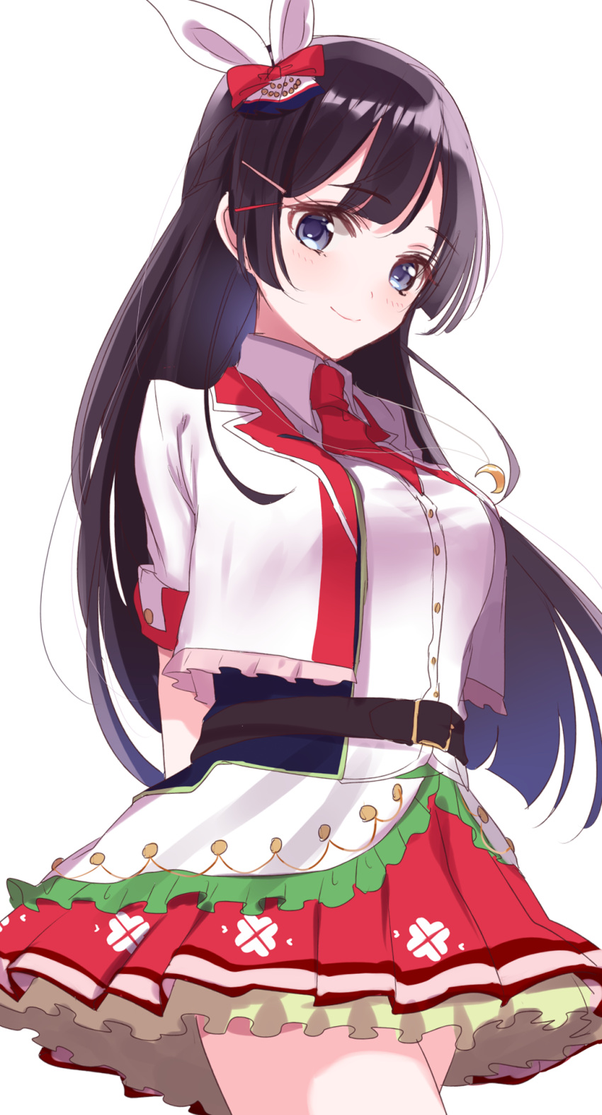 1girl, animal_ears, arms_behind_back, black_hair, bow, breasts, cowboy_shot, dress, gradient, gradient_background, grey_background, grey_eyes, grey_hairclip, hair_bow, hair_ornament, hairclip, highres, long_hair, looking_at_viewer, misumi_(macaroni), necktie, nijisanji, open_clothes, open_shirt, rabbit_ears, red_bow, red_hairclip, red_neckwear, shirt, simple_background, smile, solo, tsukino_mito, virtual_youtuber, white_background, white_dress, white_shirt