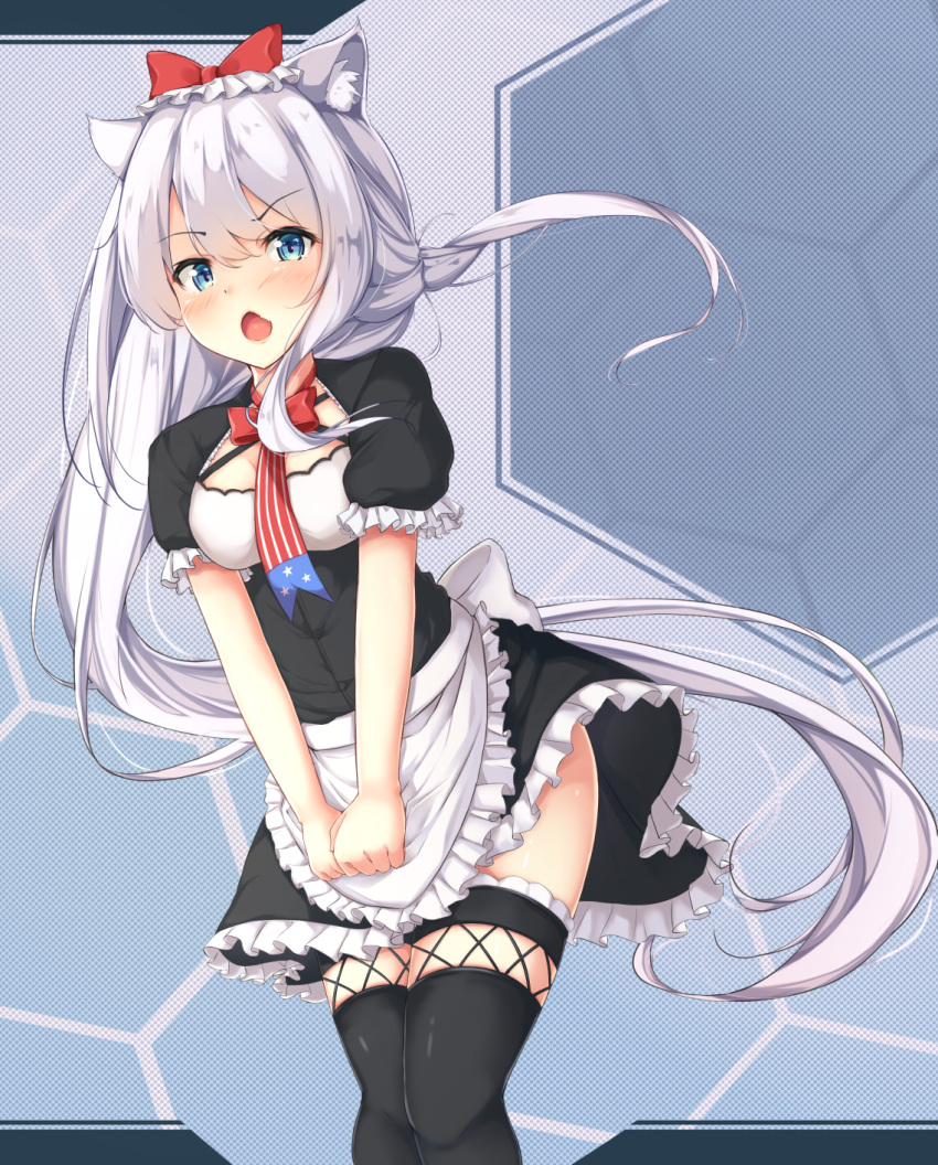 1girl, american_flag, american_flag_print, animal_ears, apron, azur_lane, bangs, black_dress