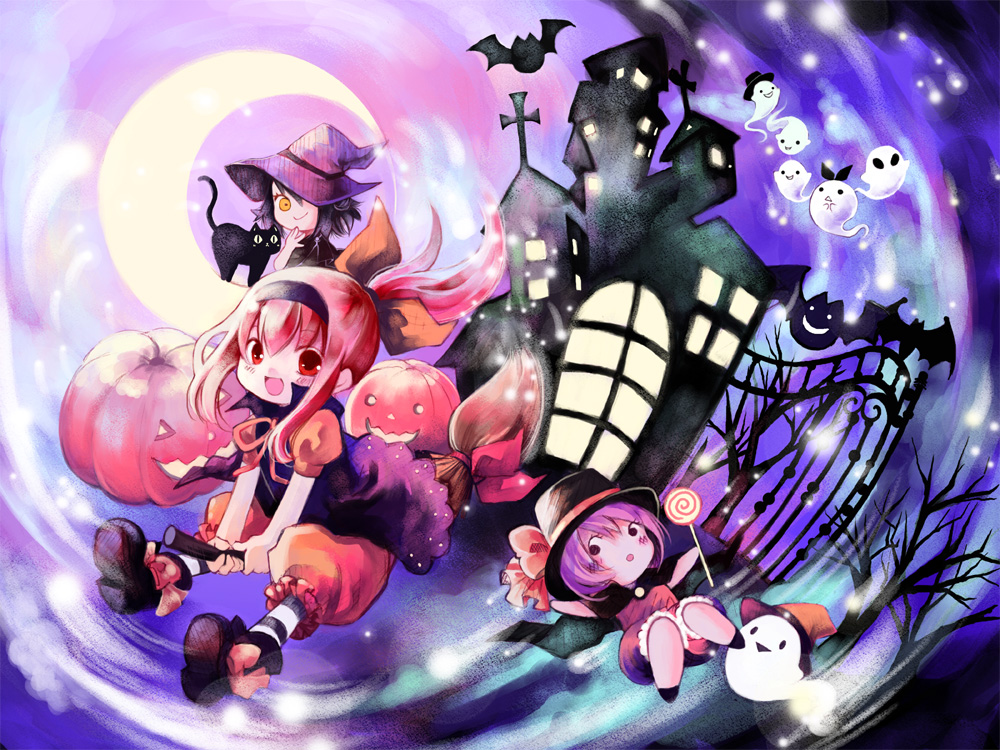 akinon, bat, broom, broom_riding, candy, cat, ghost, halloween, hat, kaedena_akino, lollipop, multiple_girls, original, pink_hair, pumpkin, purple_hair, swirl_lollipop, witch, witch_hat