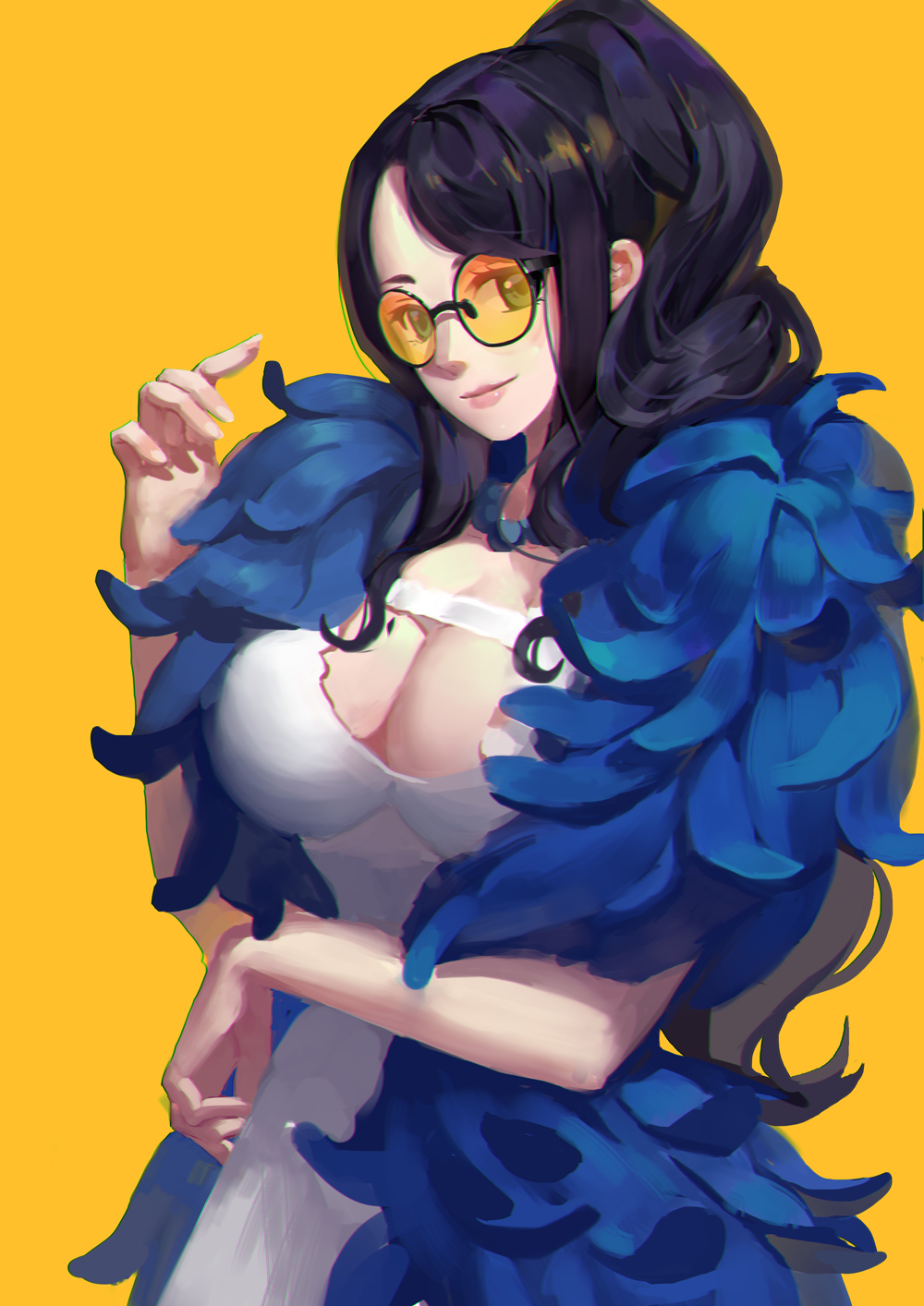 1girl, black-framed_eyewear, black_hair, breasts, cleavage, dress, duzie_e, feather_boa