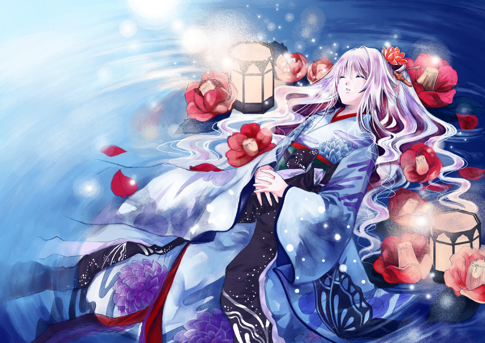 akinon, closed_eyes, flower, hair_flower, hair_ornament, japanese_clothes, kaedena_akino, lantern