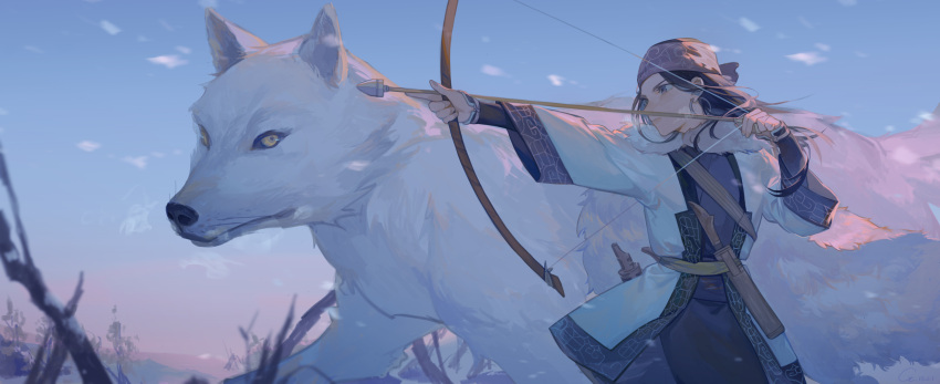 1girl, absurdres, ainu, ainu_clothes, animal, arrow, asirpa, bandanna