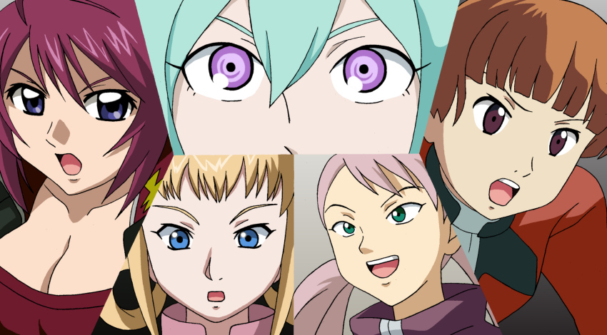 aqua_hair, aquarion_(series), blonde_hair, blue_eyes, breasts, brown_hair, cleavage, close-up