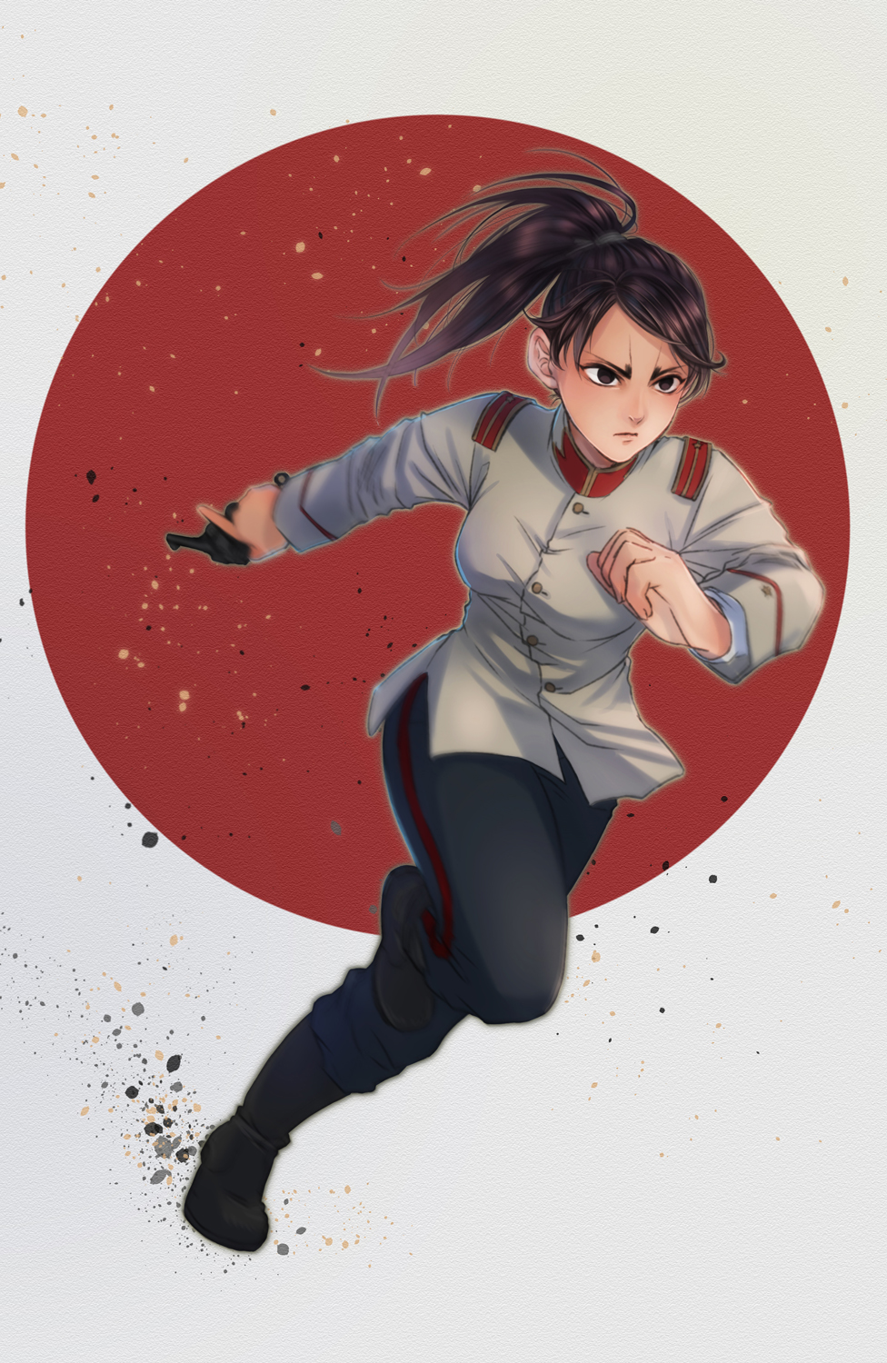 1girl, black_eyes, black_hair, breasts, flag_background, full_body, genderswap, genderswap_(mtf)