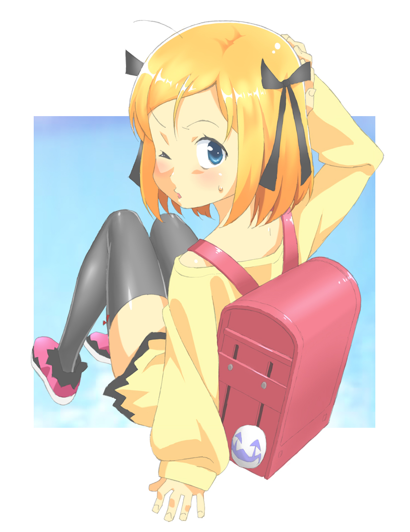 1girl, ahoge, backpack, bag, black_legwear, blonde_hair, blue_eyes, emiko_(umihara_kawase), hand_on_own_head, kurai_nao, long_sleeves, looking_back, mask, one_eye_closed, pink_footwear, pursed_lips, randoseru, sayonara_umihara_kawase, shoes, short_hair, solo, thigh-highs