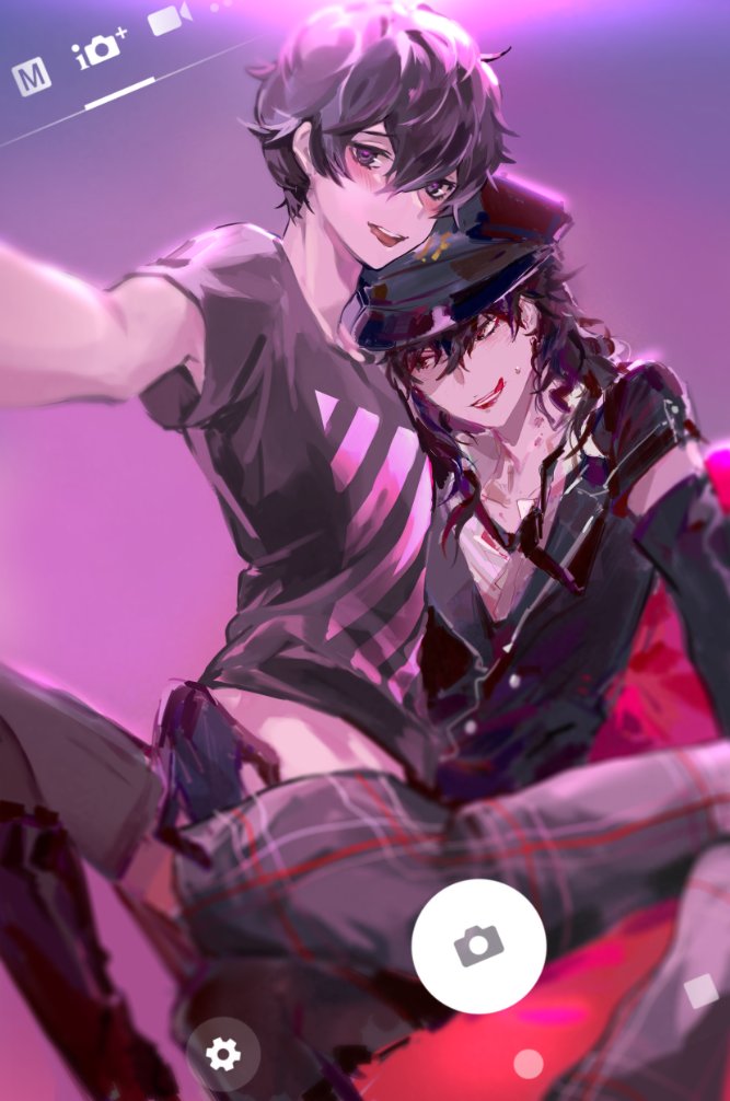 0zep0, 2boys, amamiya_ren, black_hair, crossdressinging, dual_persona, elbow_gloves, gloves, hand_on_another's_ass, hat, heart, heart-shaped_pupils, licking_lips, looking_at_viewer, multiple_boys, persona, persona_5, persona_5:_dancing_star_night, persona_dancing, police, police_hat, police_uniform, reaching_out, self_shot, selfcest, shirt, symbol-shaped_pupils, t-shirt, tongue, tongue_out, uniform, yaoi