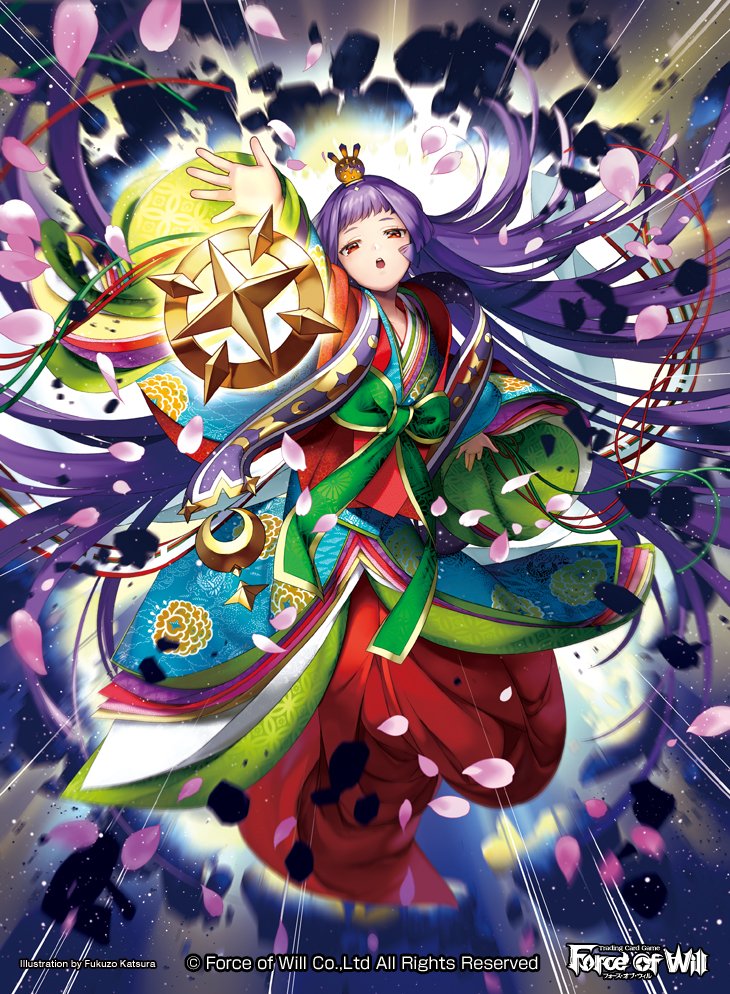 1girl, artist_name, copyright_name, force_of_will, fukuzou, hair_ornament, japanese_clothes, kaguya_(force_of_will), kimono, long_hair, official_art, open_mouth, orange_eyes, petals, purple_hair, solo, teeth