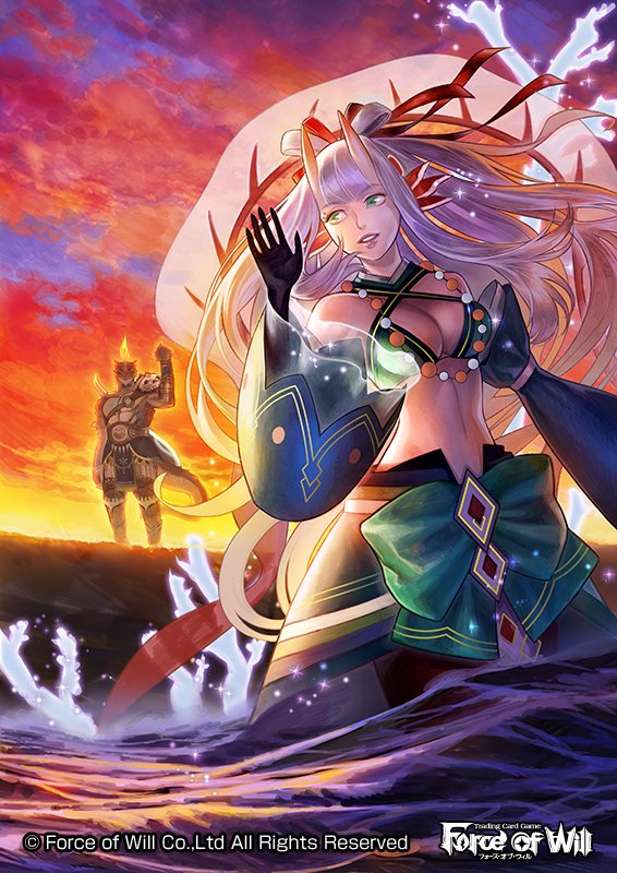 1boy, 1girl, blonde_hair, breasts, cleavage, clouds, cloudy_sky, copyright_name