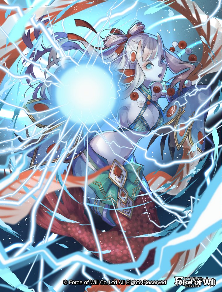 1girl, blue_eyes, breasts, cleavage, copyright_name, electricity, force_of_will, hair_ornament, horns, jewelry, long_hair, mermaid, midriff, monster_girl, nanahara_shie, navel, necklace, official_art, open_mouth, shaela_(force_of_will), solo, teeth, underwater, white_hair