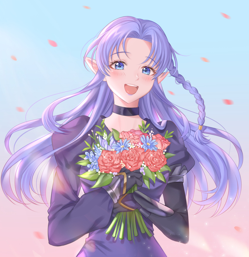 1girl, :d, blue_eyes, blush, bouquet, braid, caster, choker